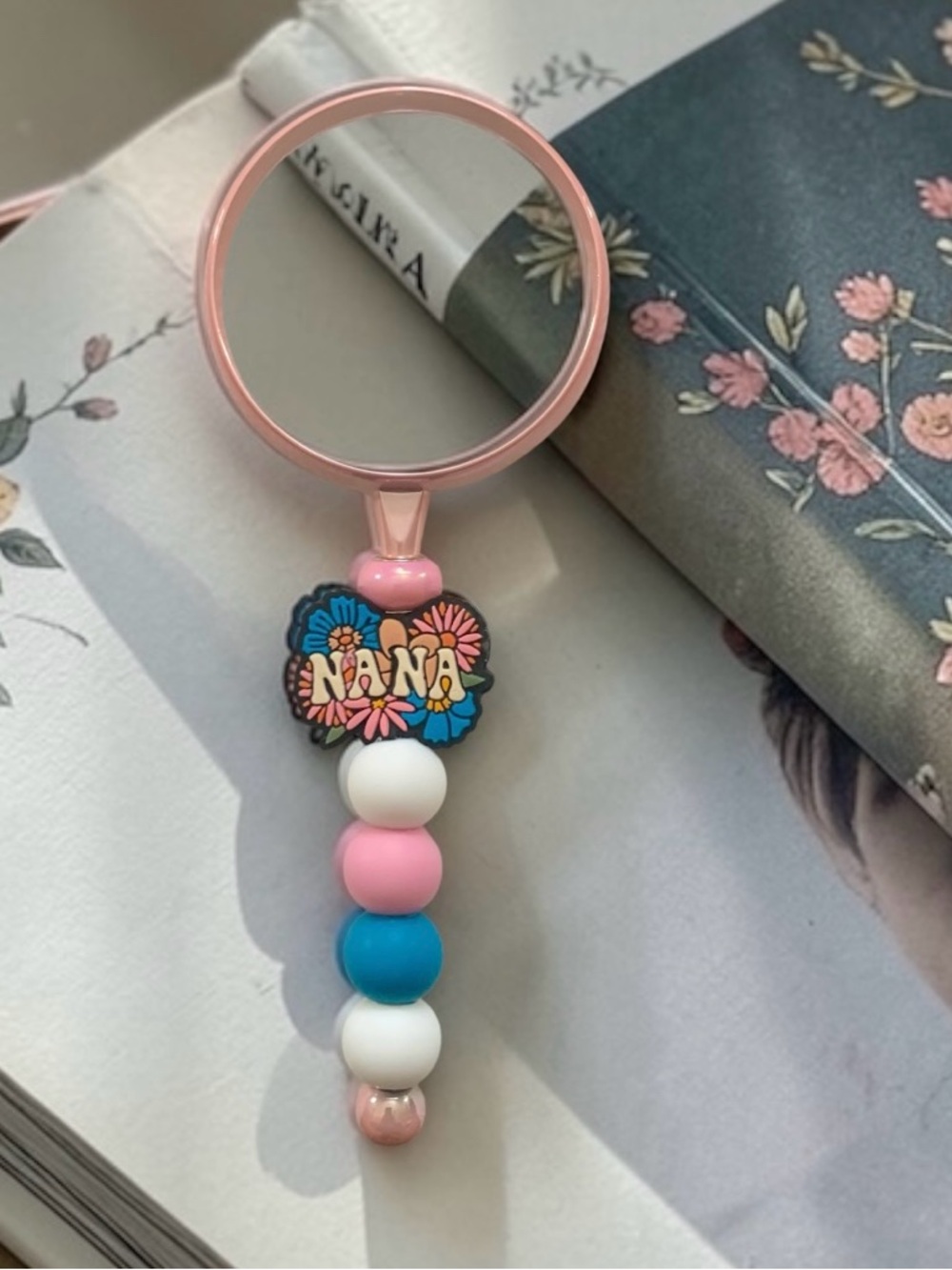 Pink & Aqua beaded 'NANA'  magnifying glass.  Handmade & lightweight